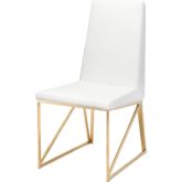 Caprice Dining Chair in White Naugahyde on Brushed Gold Stainless Legs